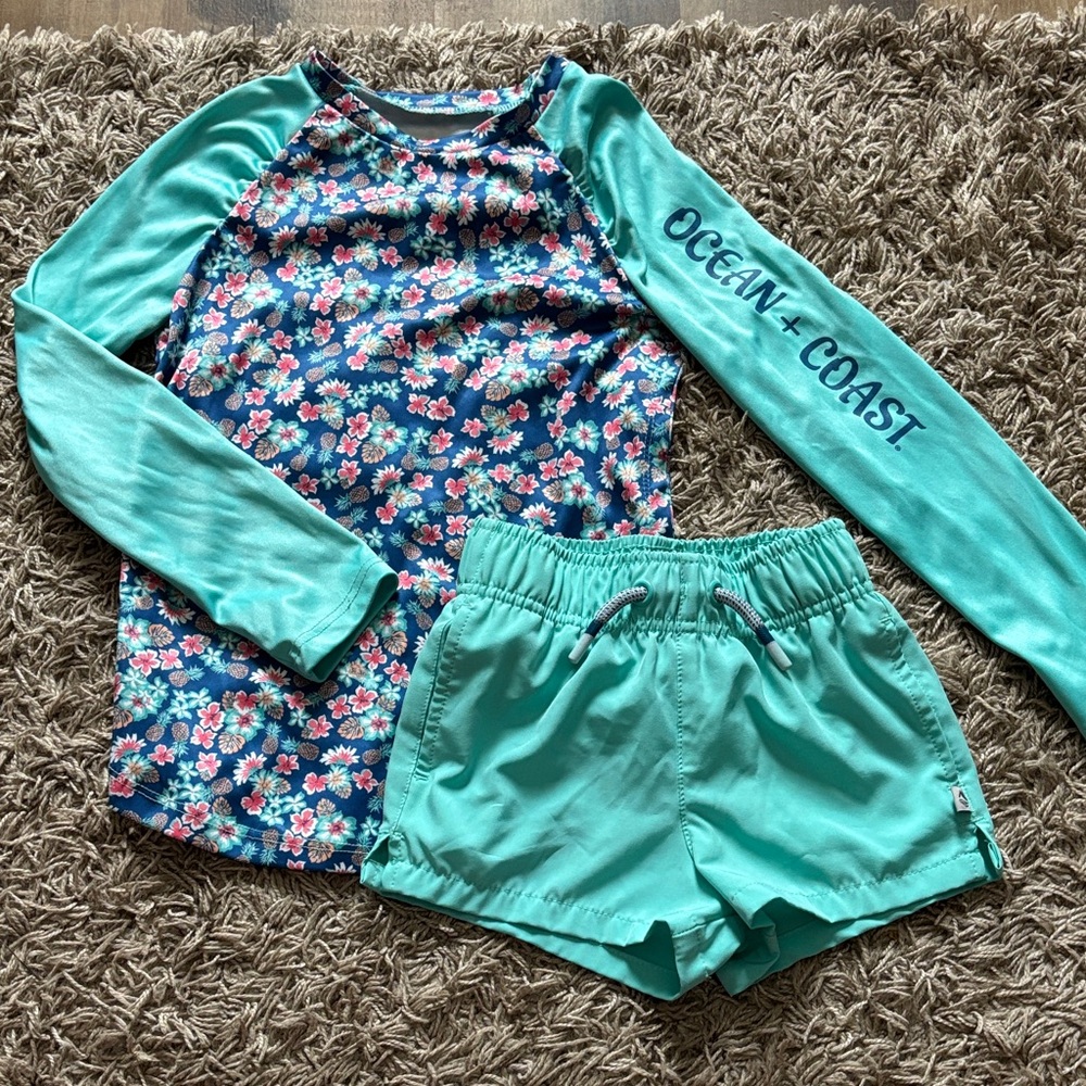 Ocean + Coast Kids Floral Rashguard Set - Teal and Blue